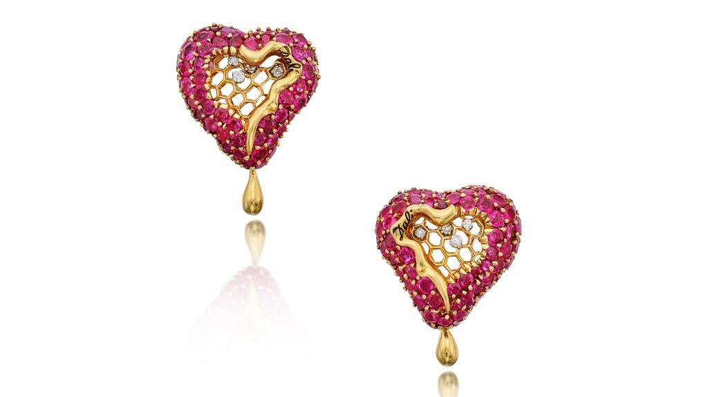 These earclips by Dalí featuring asymmetrical hearts bordered by clustered round rubies have been exhibited in museums around the world including in Barcelona, Stockholm, Rotterdam, and London. They match a brooch of the same style that also sold at the jewelry auction. Salvador Dalí ruby earclips Andy Warhol